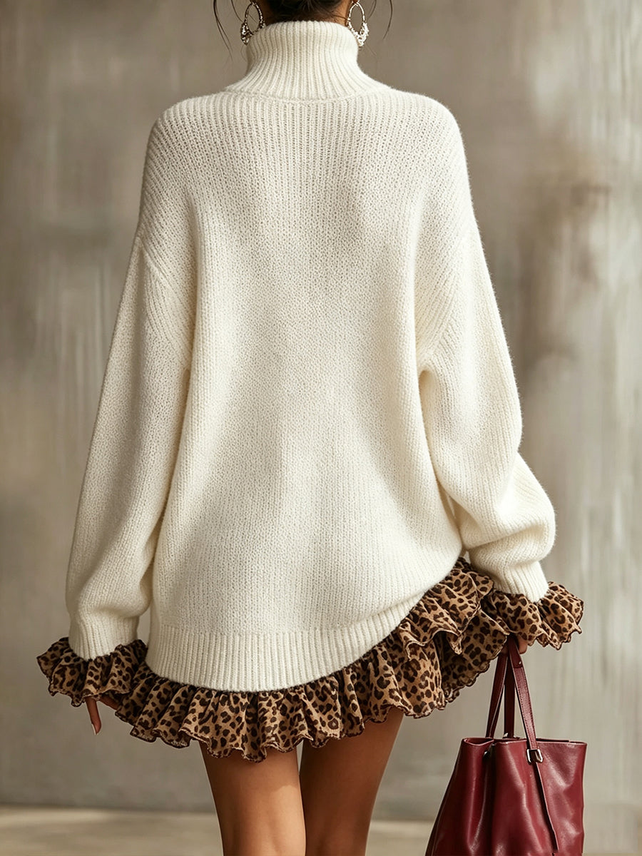 Chic Leopard Ruffle Trim Turtleneck Sweater Dress
