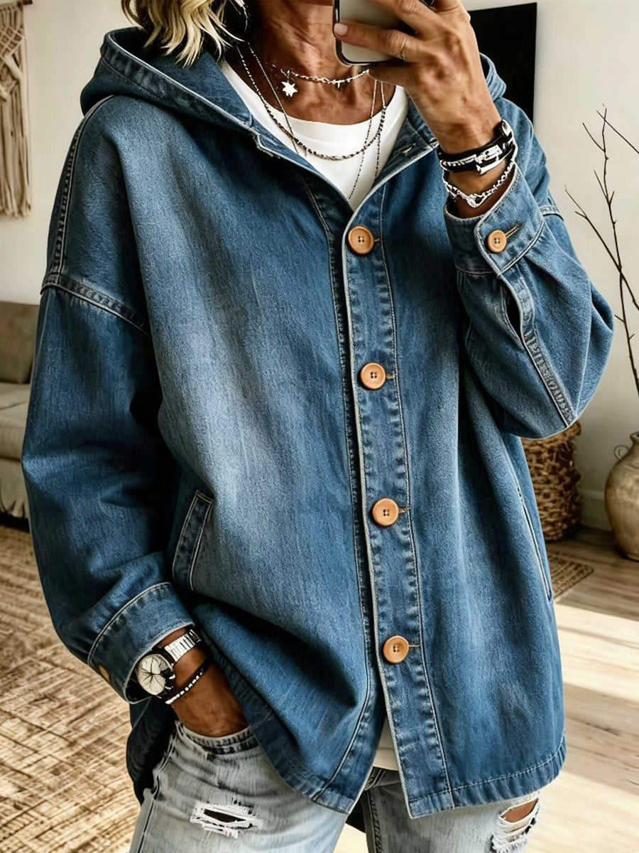 Lässige Jeansjacke mit Kapuze und Knopfleiste vorne