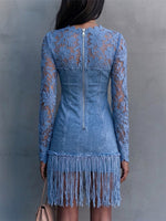 Elegant Denim Dress With Lace And Tassel Paneling