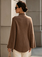 Elegant Brown Ribbed Knit Cape Sweater
