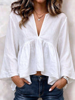 Virina Casual Profunda V-Kolo Peplum Longa Manika Bluzo