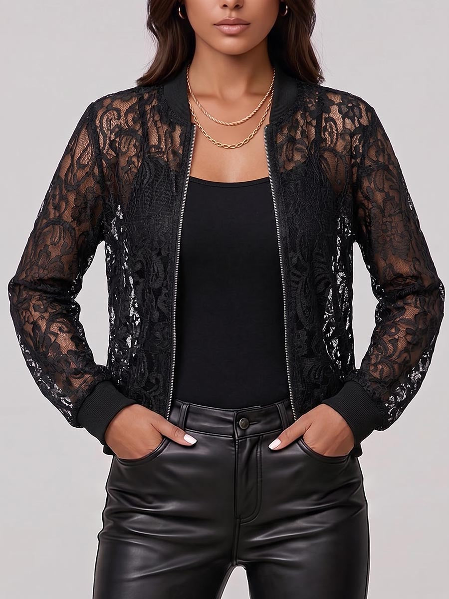 Women's Solid Color Stand Collar Long-sleeved Casual Loose Lace Jacket