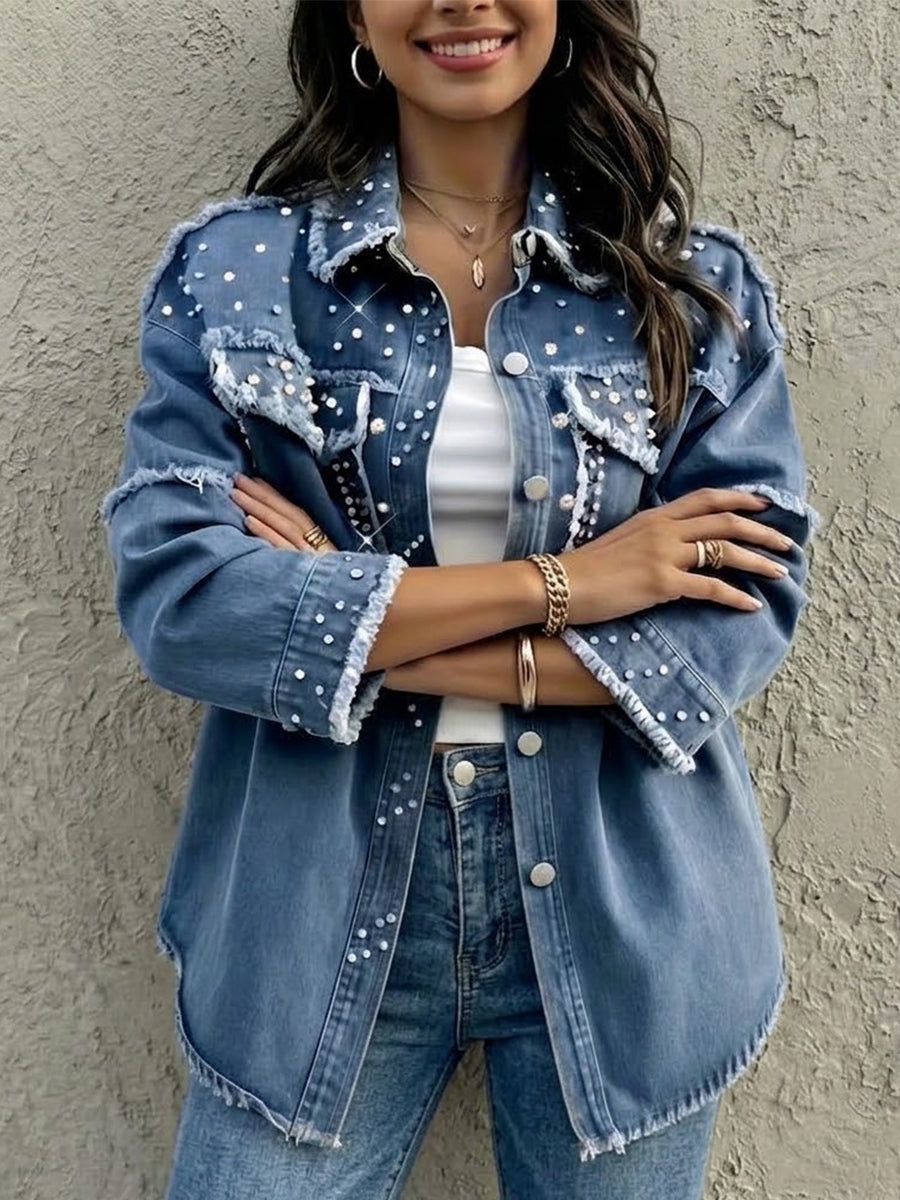 Raw-edge Denim Jacket With Pearl-embellished Collar