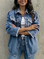 Raw-edge Denim Jacket With Pearl-embellished Collar