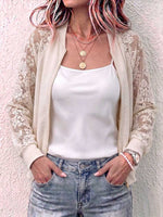 Women's Solid Color Stand Collar Long Sleeve Casual Loose Lace-trimmed Cardigan