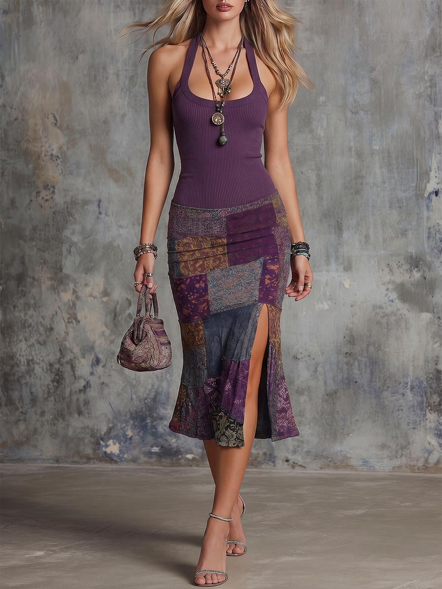 Women's Round Neck Sleeveless Camisole Dress With Knitted Patchwork Retro Print