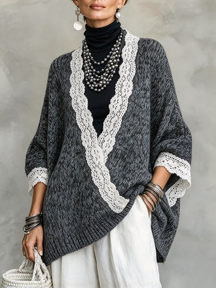 Komforta Malstreĉita Vintage Lace Tondita Trikita Svetero