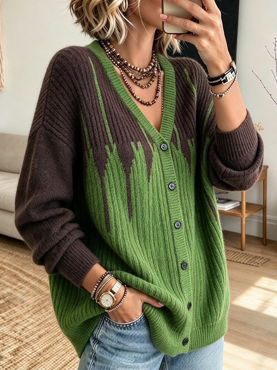 Chic Ribbed Knit Cardigan With Gradient Brushstroke Texture