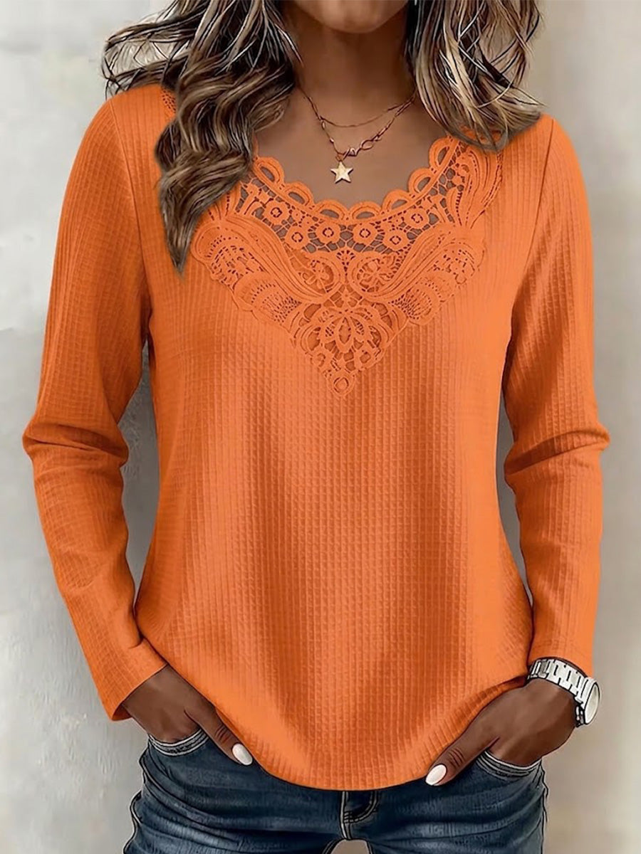 Solid-color Long-sleeve Top With Lace Splicing And Cut-out Details