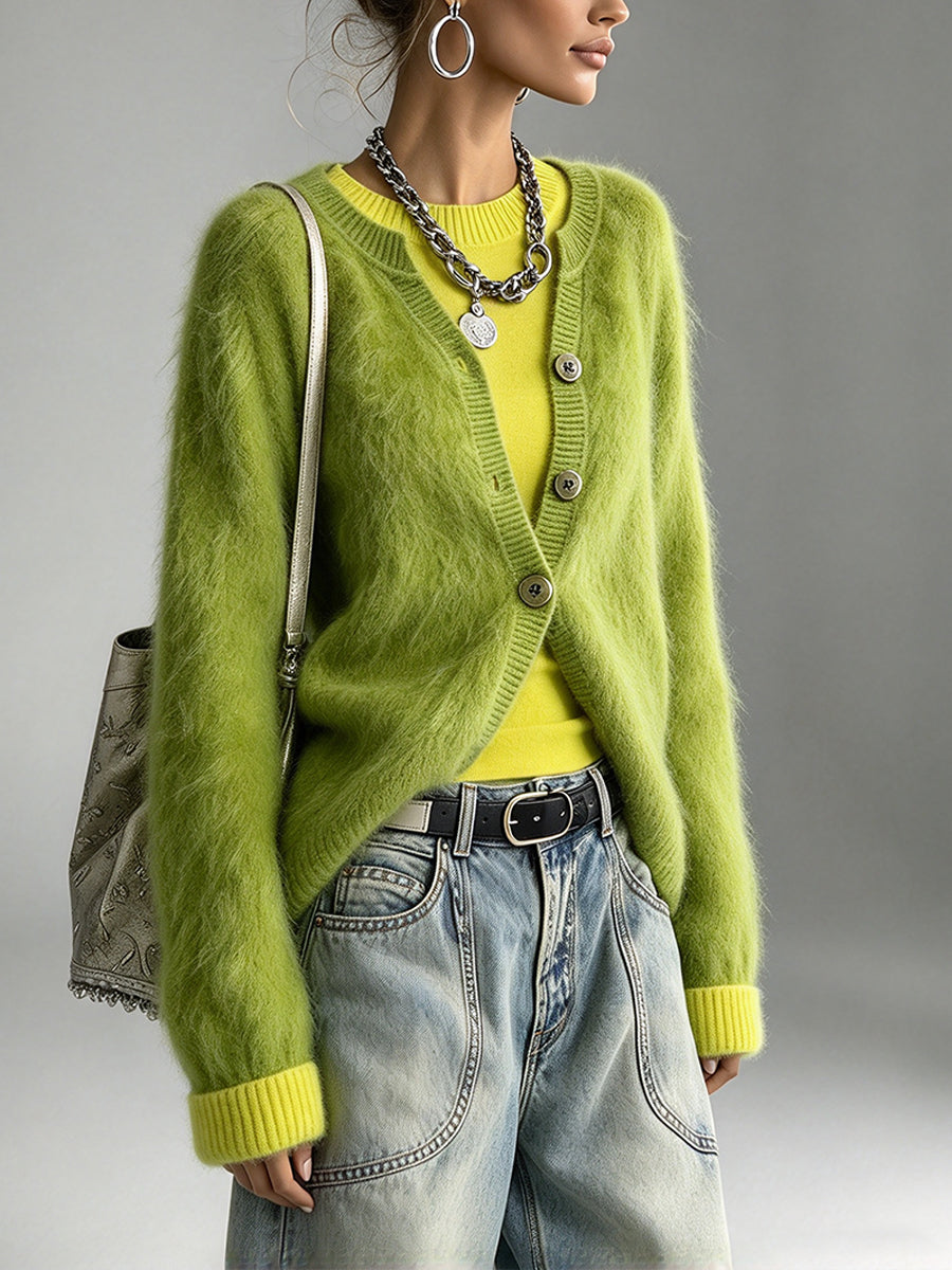 Elegante cardigan in maglia con trama sfocata verde lime