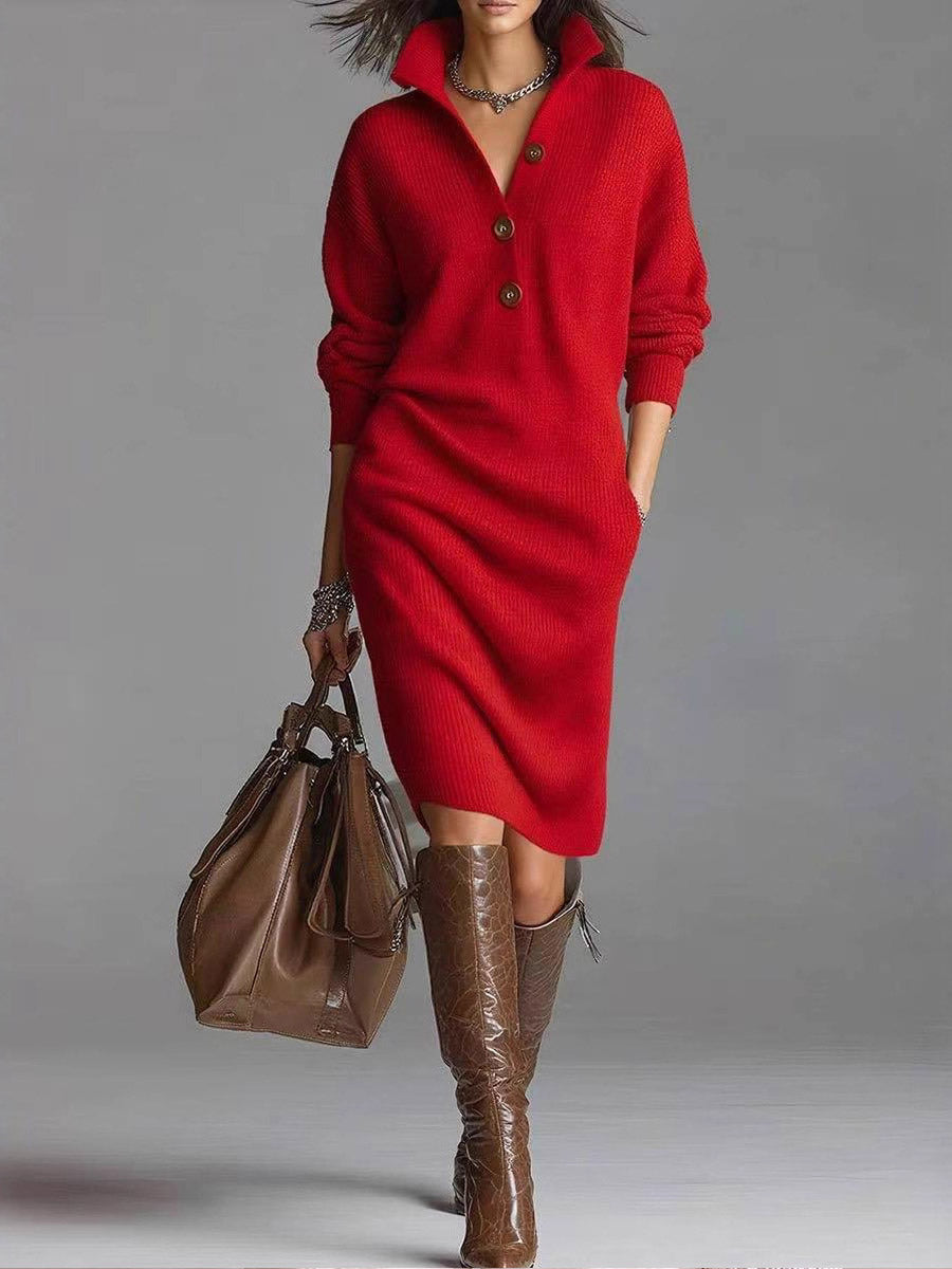 Women's Solid Color Stand Collar Long Sleeve Casual Loose Knit Dress