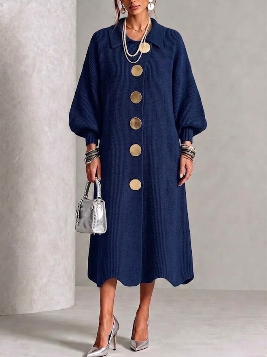 Long-sleeve Knit Dress With A Large Metal Buckle, Lapel Collar, And Lantern Sleeves