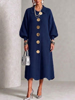 Long-sleeve Knit Dress With A Large Metal Buckle, Lapel Collar, And Lantern Sleeves