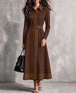 Elegante vestido camisero midi con botones y rayas geométricas con lazo en la cintura