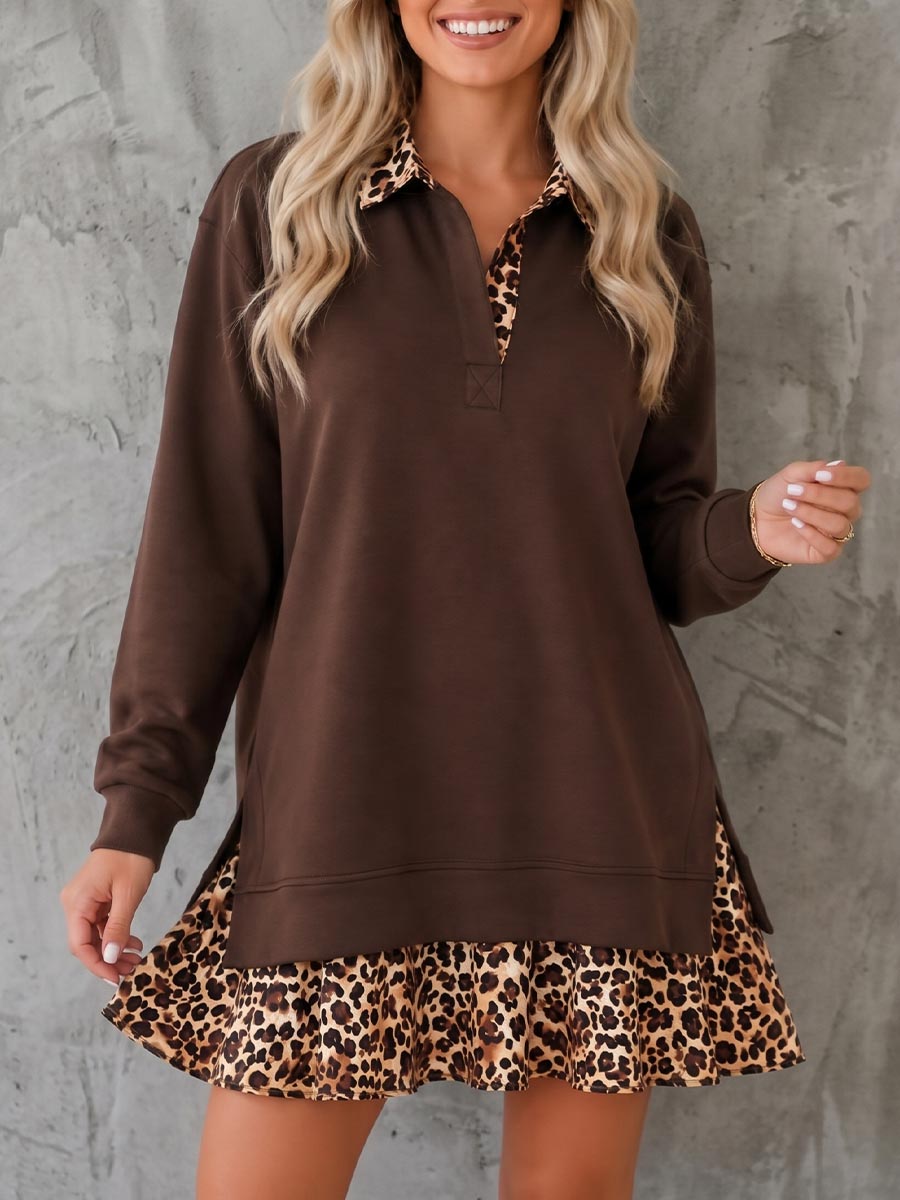 Lässiges, locker sitzendes Sweatshirt-Kleid für Damen mit Kragen, langen Ärmeln und Einsätzen mit Leopardenmuster