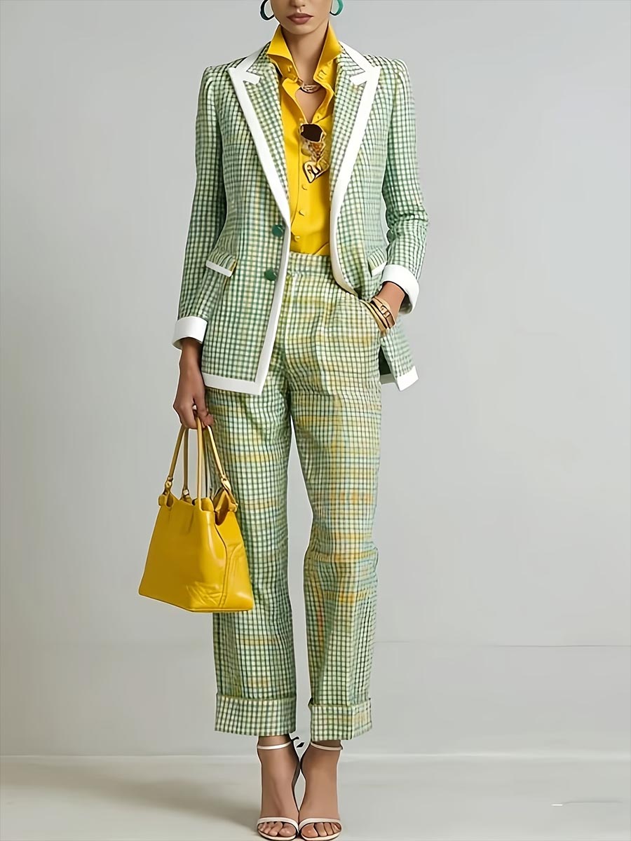 Conjunto de traje de dos piezas a cuadros vintage para mujer con ribete en contraste