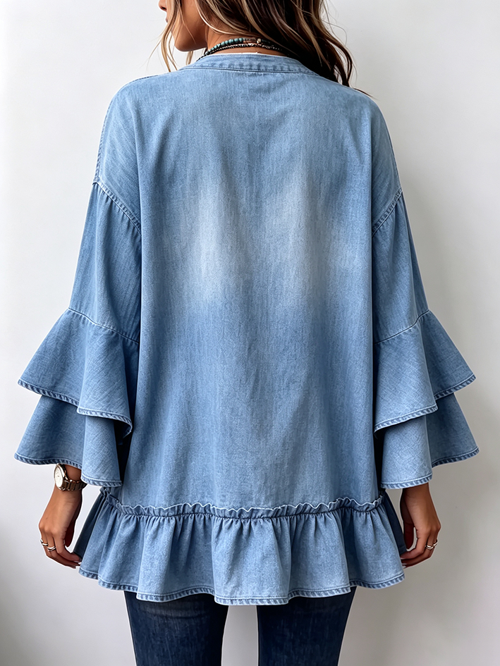 Chic Boho Tiered Ruffle Sleeve Denim Cardigan