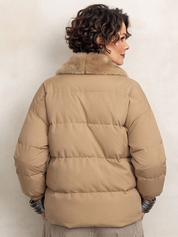 Asymmetrical Zip Plush Faux Fur Colla Puffer Khaki Jacket