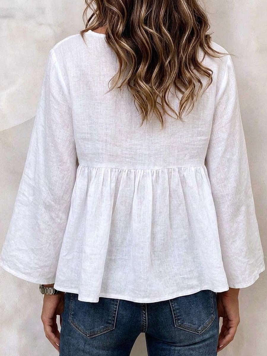 Virina Casual Profunda V-Kolo Peplum Longa Manika Bluzo
