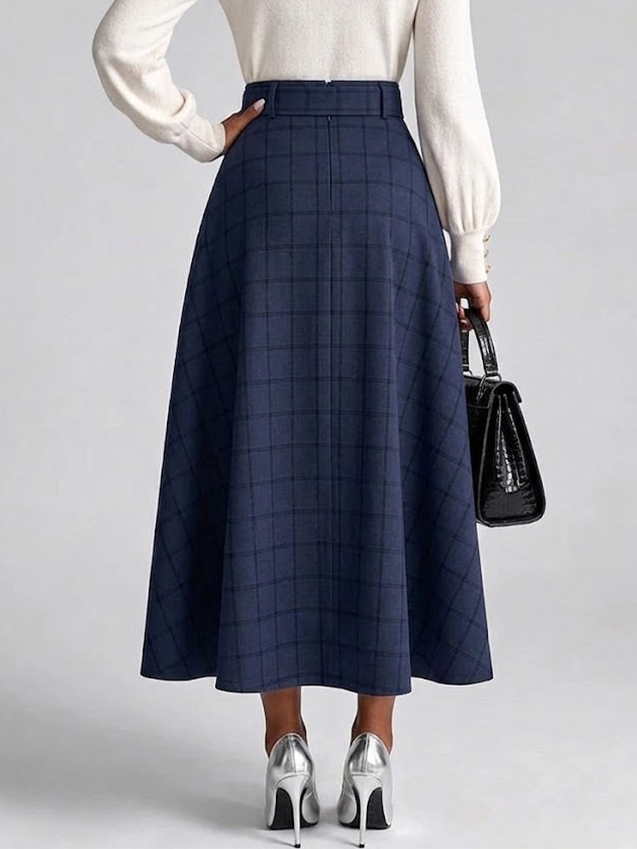 Navy Plaid Double‑breasted Gold‑button Belted A‑line Midi Skirt