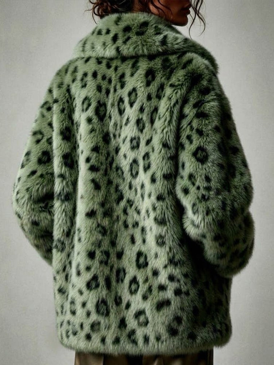 Chic Green Leopard-print Faux Fur Coat