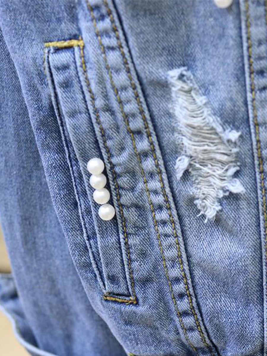 Romantic 3D Floral Applique Pearl Denim Jacket