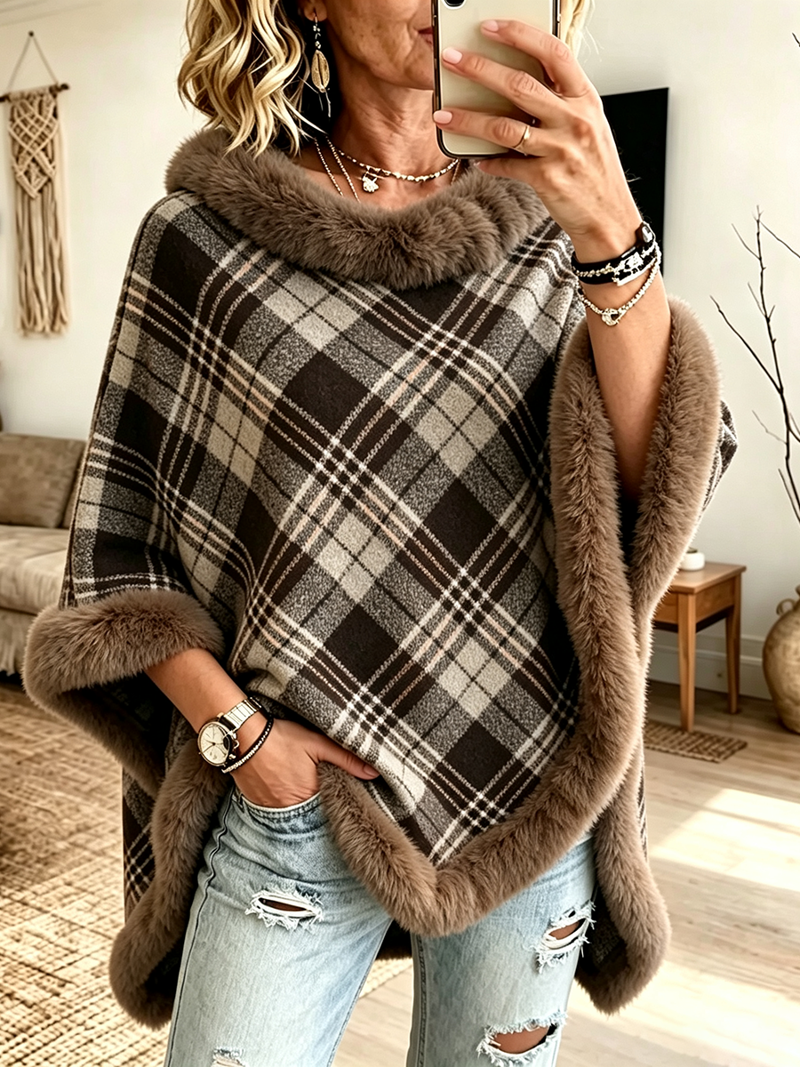 Cozy Plaid Fur-trimmed Poncho