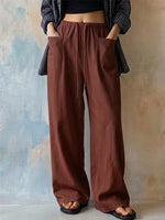 Women's Solid-color High-waisted Wide-leg Casual Pants With Drawstring