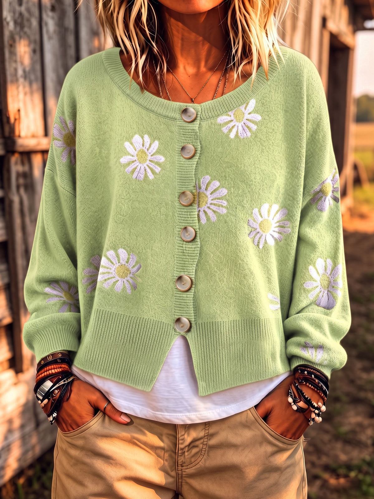 Daisy Pattern Button-up Cardigan Sweater