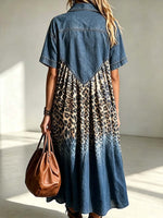 Women's Collared Short-sleeved Casual Loose Denim Patchwork Gradient Leopard Print Cotton Linen Dress
