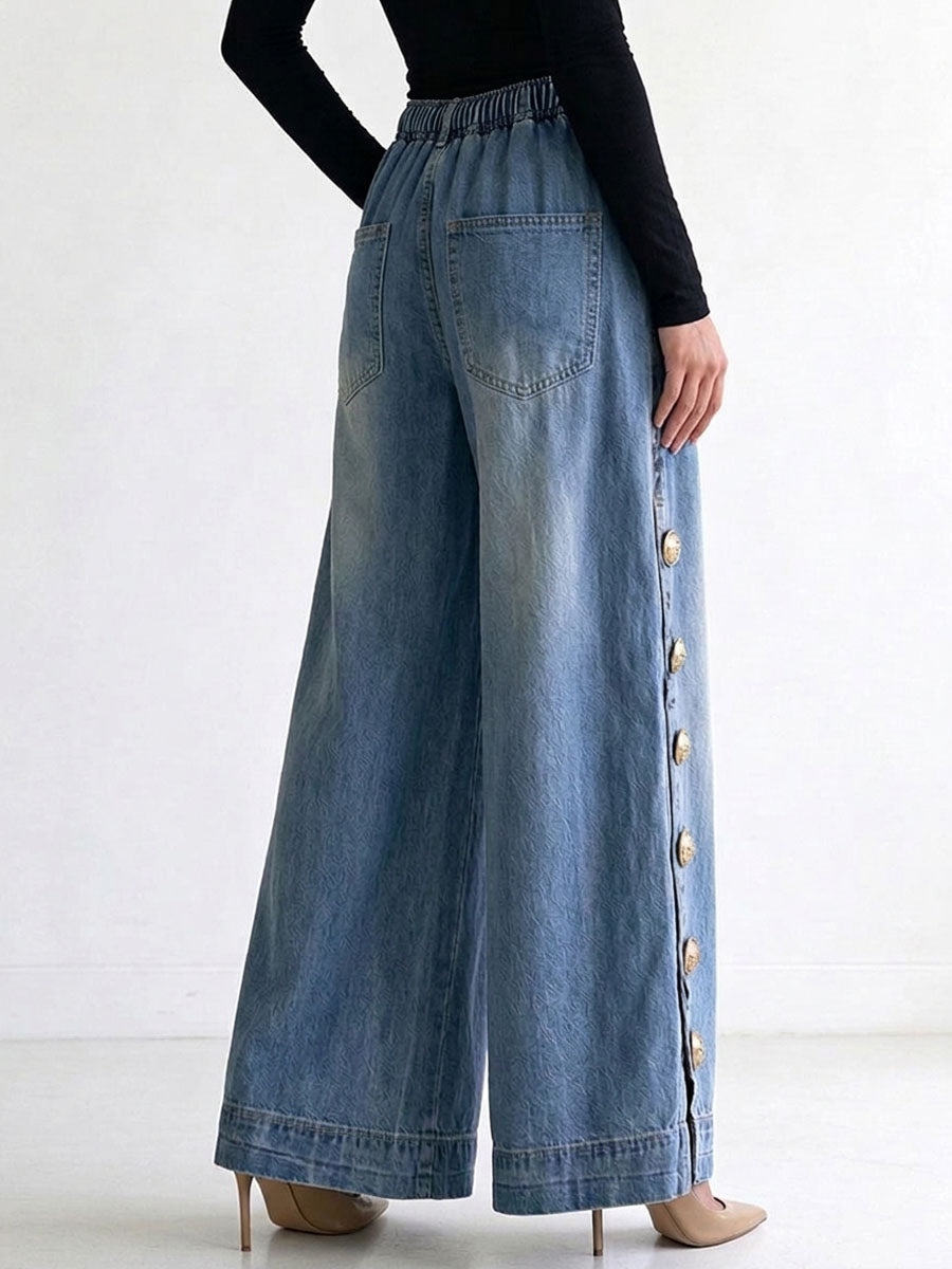 Pantalones vaqueros de pierna ancha con cordón y botones laterales para mujer