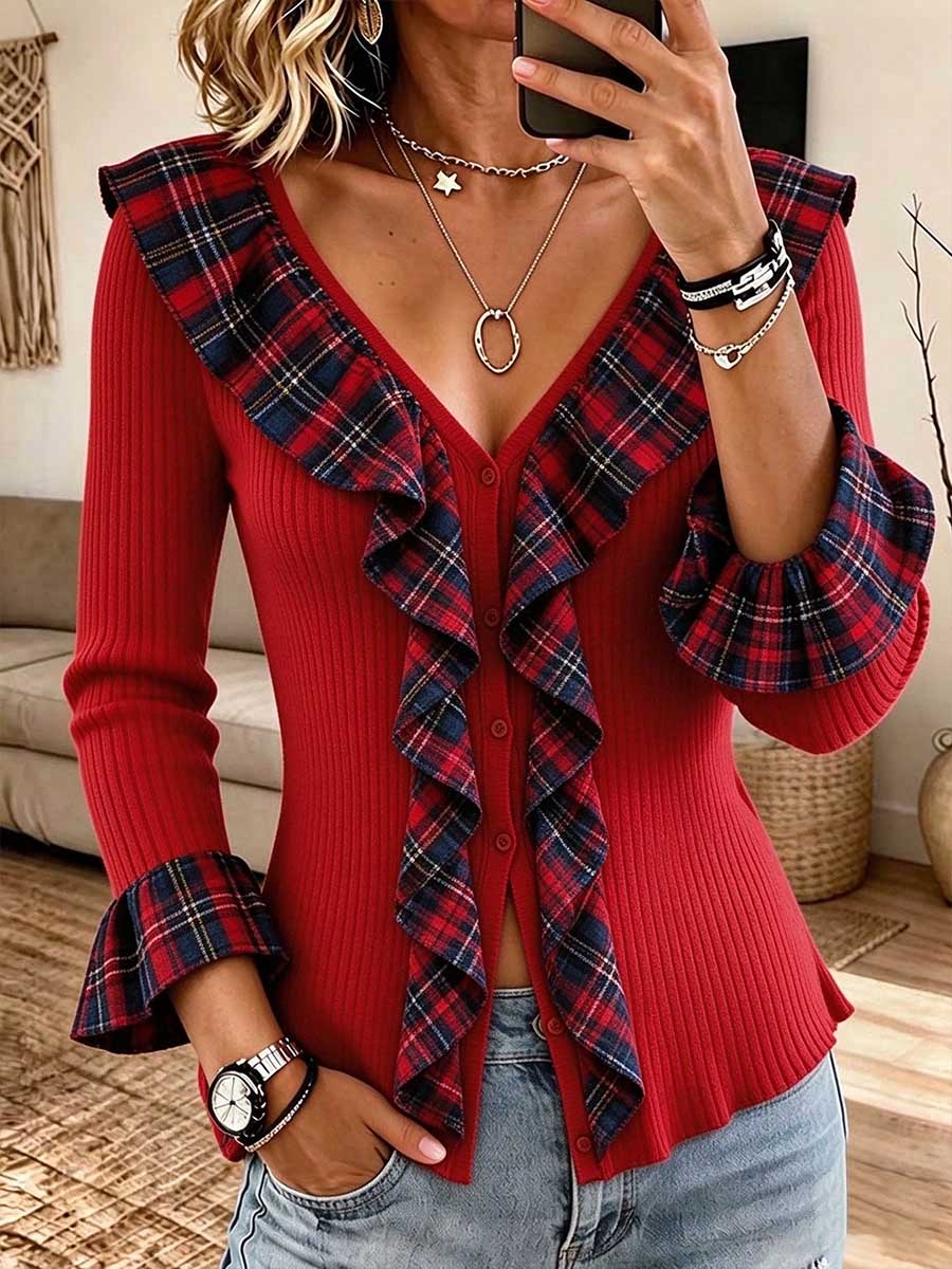 Cardigan da donna con bottoni in maglia a costine e scollo a V con volant scozzese