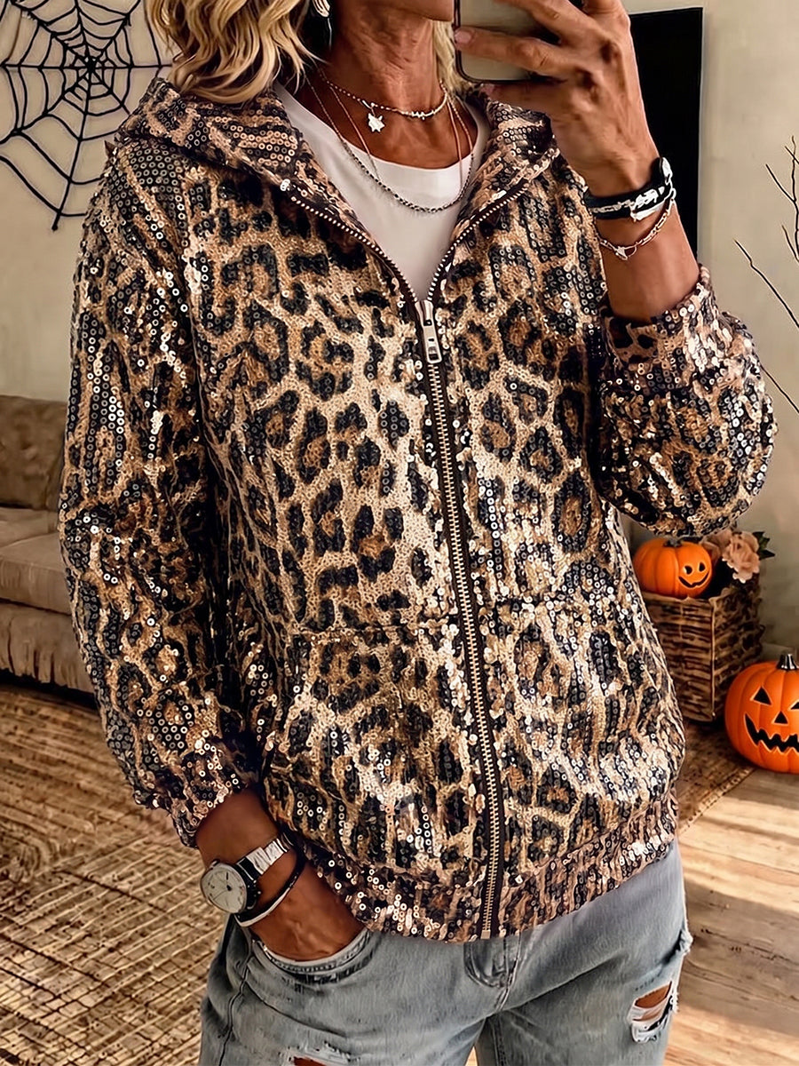 Glamorous Sequin Leopard Print Zip-Up Hoodie