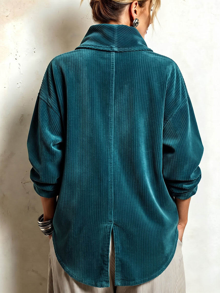 Chic Teal Corduroy Shawl Collar Asymmetric Cut Top