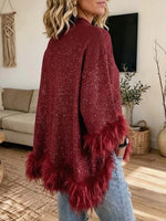 Virina Glamorous Burgundy Sparkle Knit Top With Faux Fur Trim
