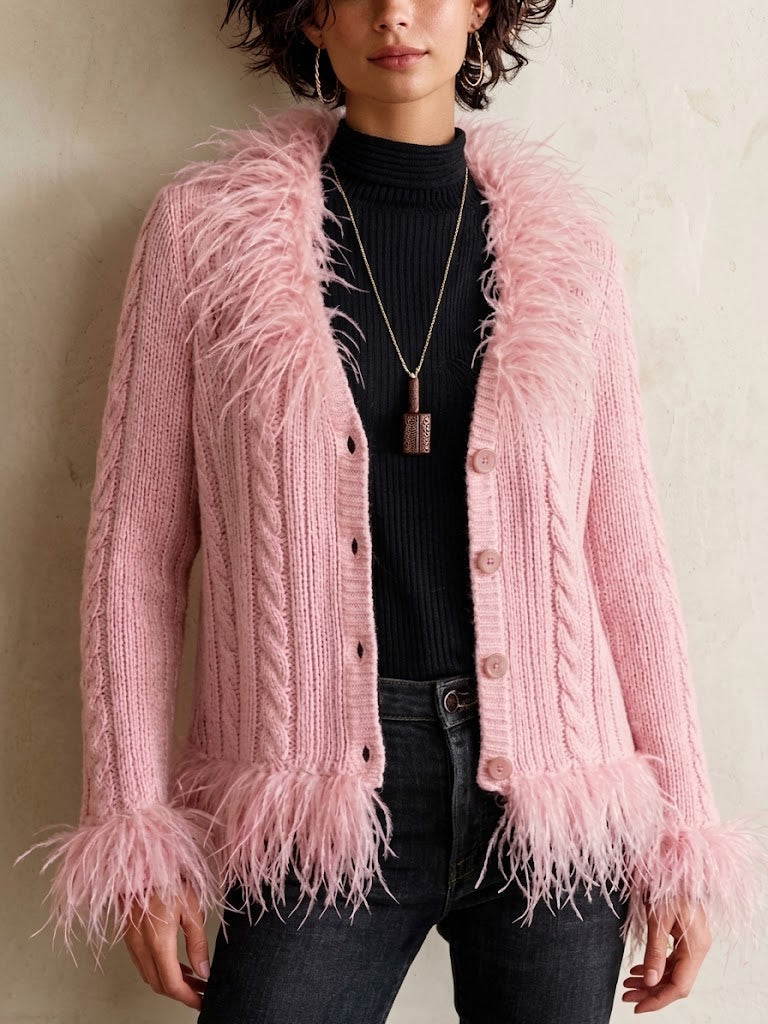 Cable-knit Cardigan With Feather-trim Details