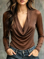 Elegante top in maglia con scollo ad anello drappeggiato e scintillante