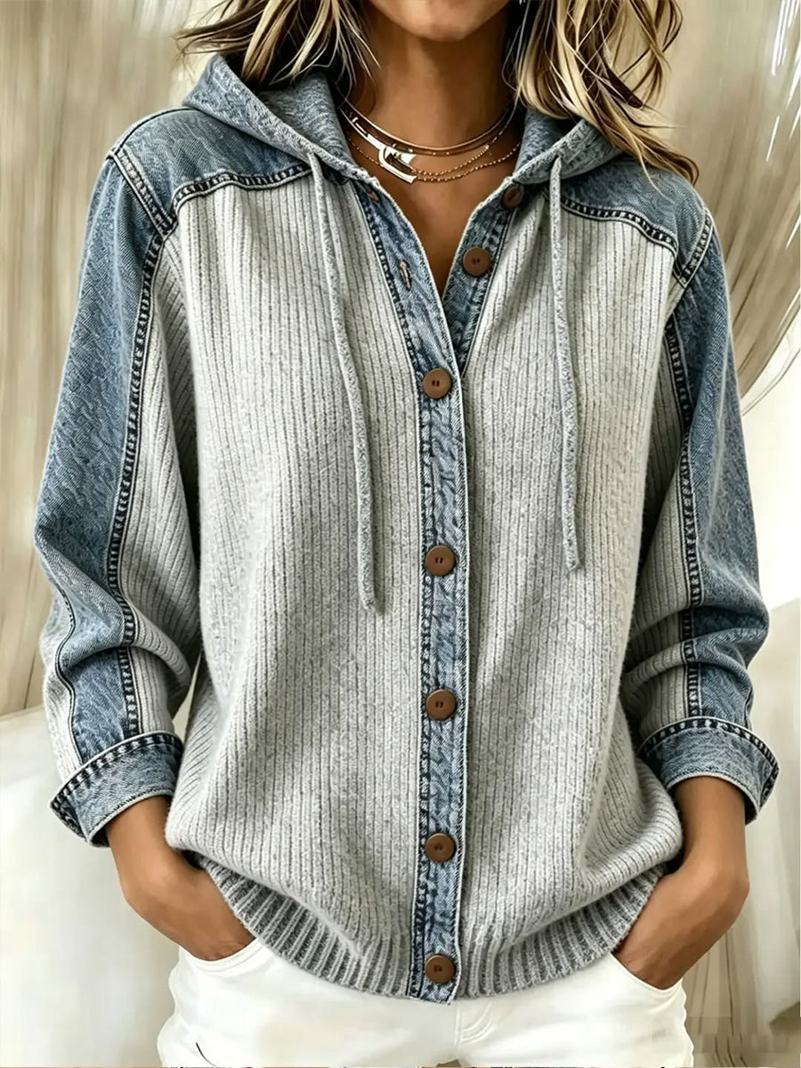 Casual Denim-Spliced Ribbed Knit Hooded Cardigan