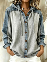 Casual Denim-Spliced Ribbed Knit Hooded Cardigan