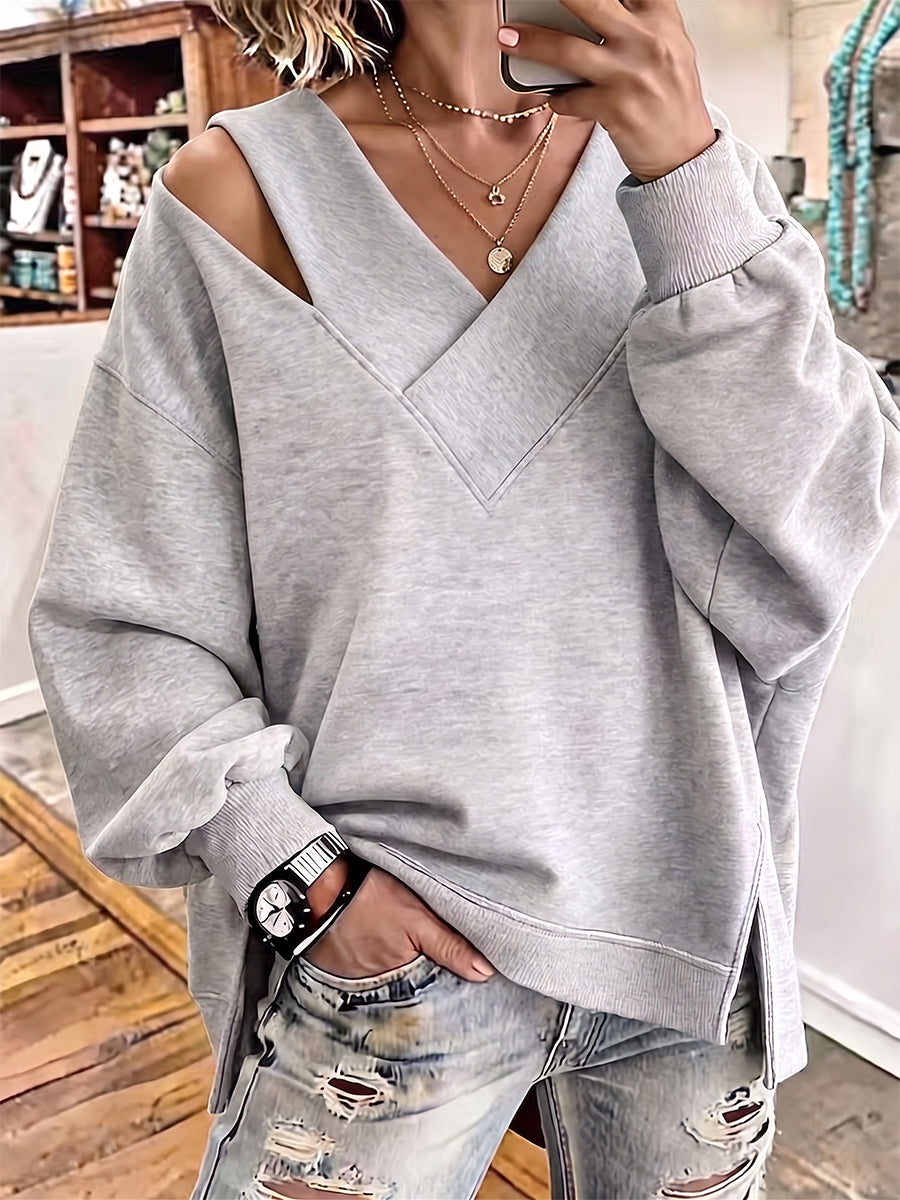 Chic Cutout V-Neck Oversized Sweatshirt
