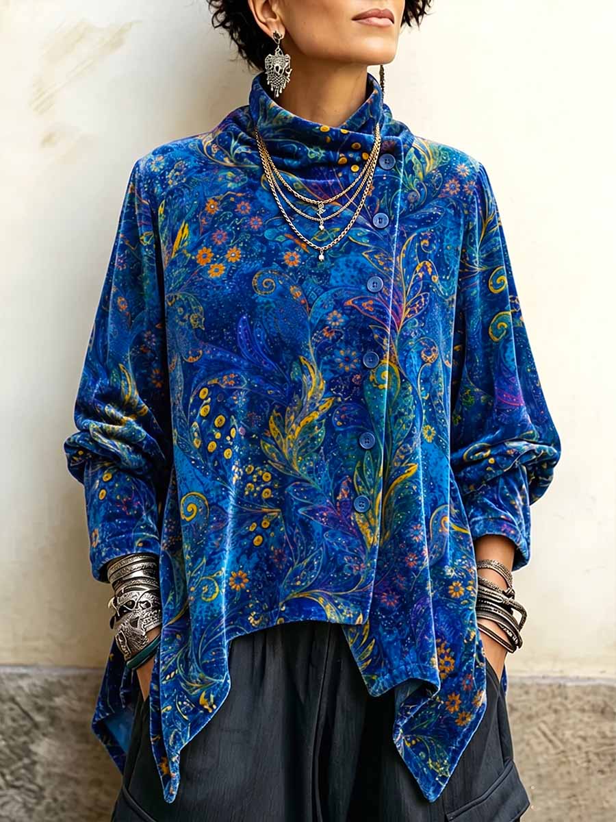 Top in velluto da donna con stampa astratta, collo alto, maniche lunghe, vestibilità ampia