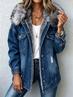 Casual, Warm, Distressed Denim Jacket With A Faux-fur Lining And Hood.