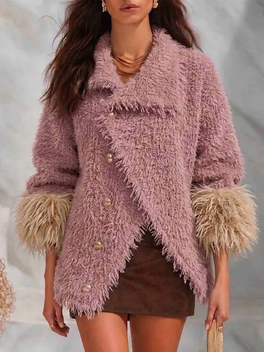 Women's Lapel Color Contrast Cuff Fuzzy Fleece Coat