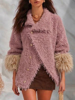 Women's Lapel Color Contrast Cuff Fuzzy Fleece Coat