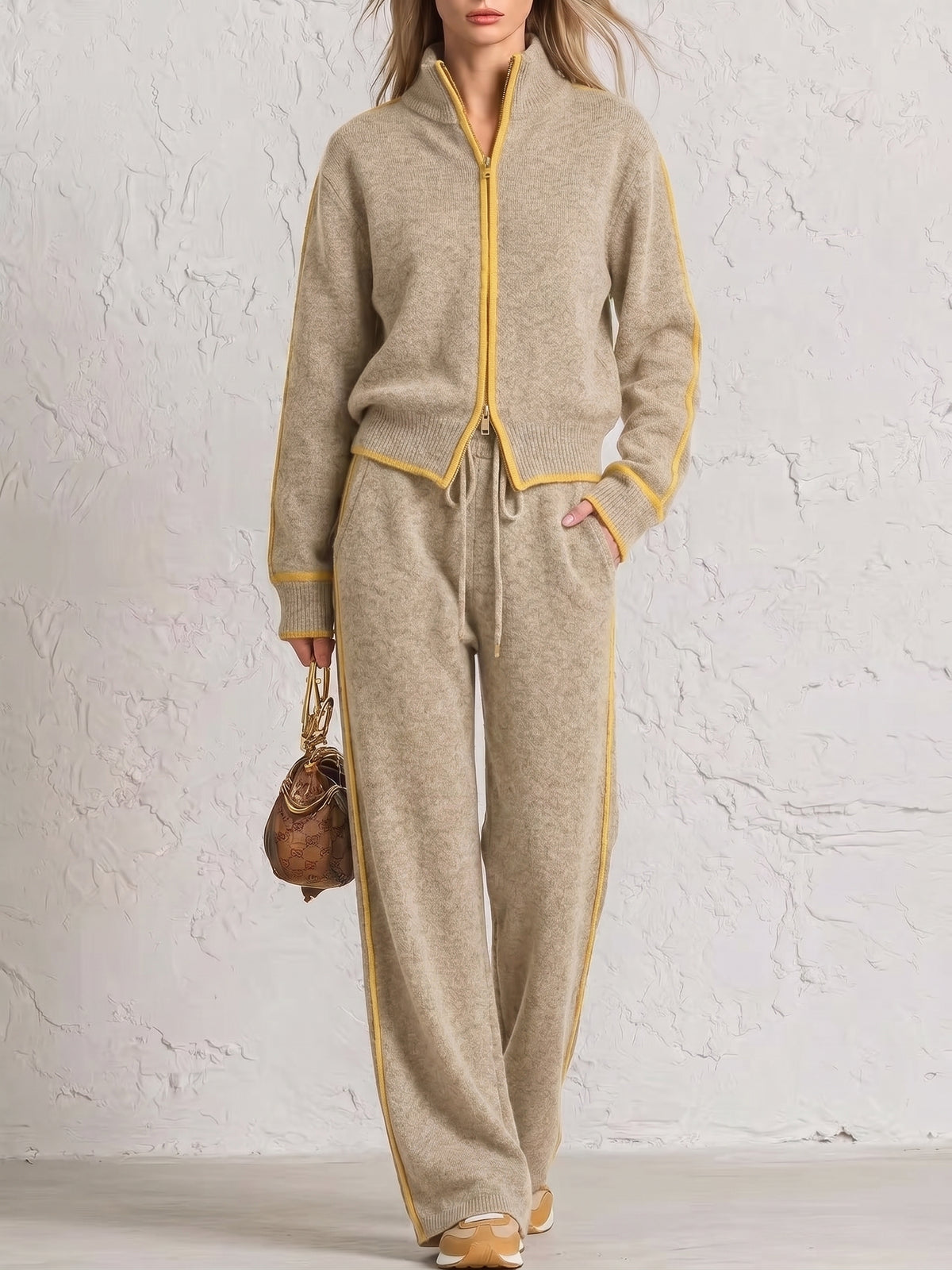 Elegante set di abbigliamento da casa in maglia con finiture a blocchi di colore