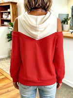 Color-block Patchwork Off-shoulder Long-sleeve Hoodie