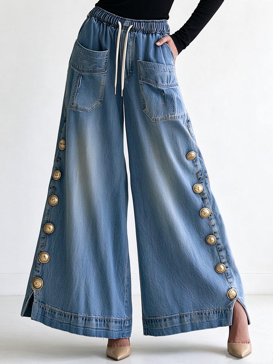 Pantalones vaqueros de pierna ancha con cordón y botones laterales para mujer