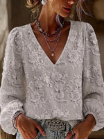 Casual, Loose-fitting V-neck Top With Lace, A Print, And Puff Sleeves