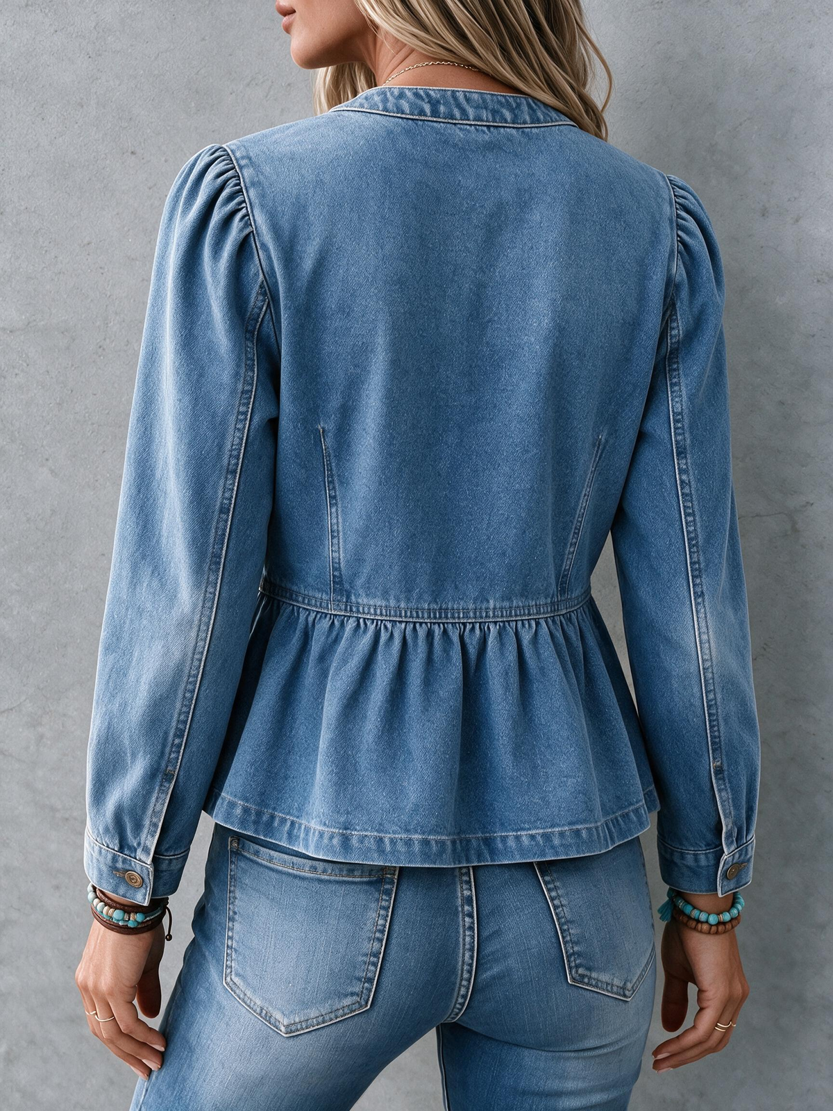 Vintage Puff Sleeve Ruffled Denim Jacket