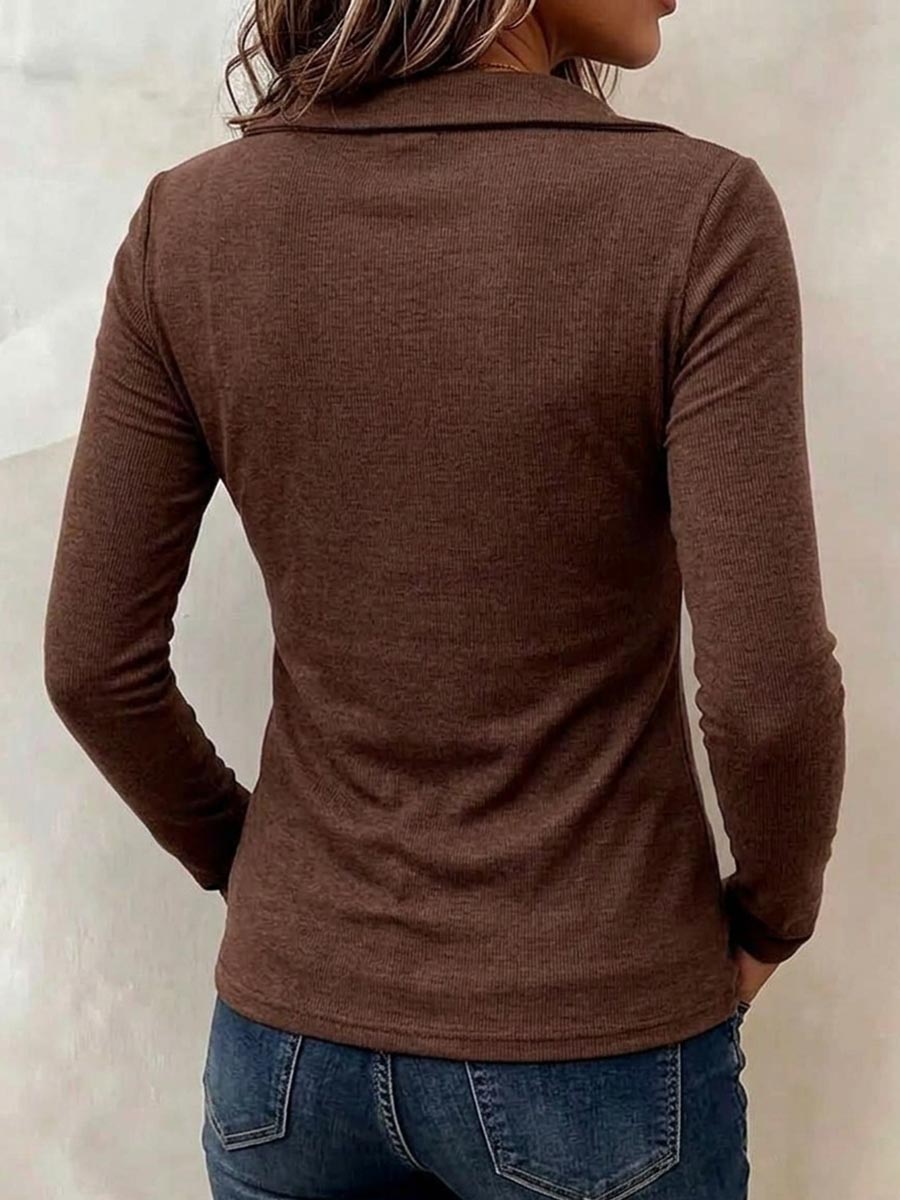 Top Henley casual da donna a maniche lunghe con bottoni automatici e dettagli sulle tasche